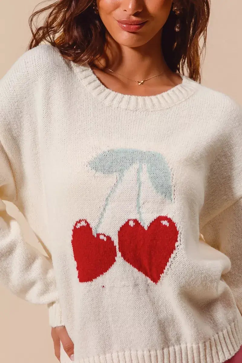 Ivory Heart Cherry Knitted Valentine Sweater Top, Sweaters, $ 49.00, A Moment Of Now™