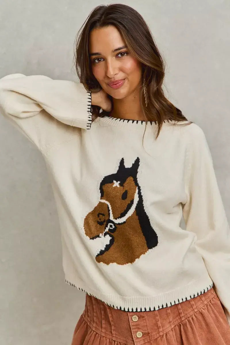 Ivory Horse Knit Sweater Top with Blanket Stitch, Sweaters, $ 55.00, A Moment Of Now™