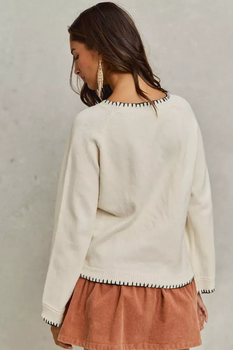 Ivory Horse Knit Sweater Top with Blanket Stitch, Sweaters, $ 55.00, A Moment Of Now™