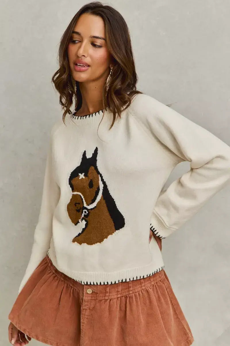 Ivory Horse Knit Sweater Top with Blanket Stitch, Sweaters, $ 55.00, A Moment Of Now™