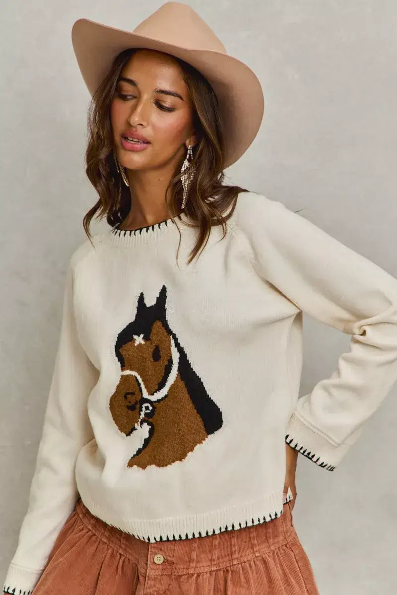 Ivory Horse Knit Sweater Top with Blanket Stitch, Sweaters, $ 55.00, A Moment Of Now™