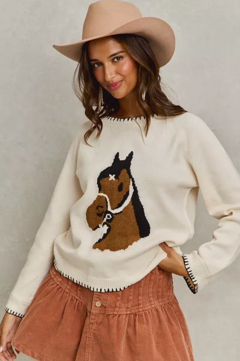 Ivory Horse Knit Sweater Top with Blanket Stitch, Sweaters, $ 55.00, A Moment Of Now™
