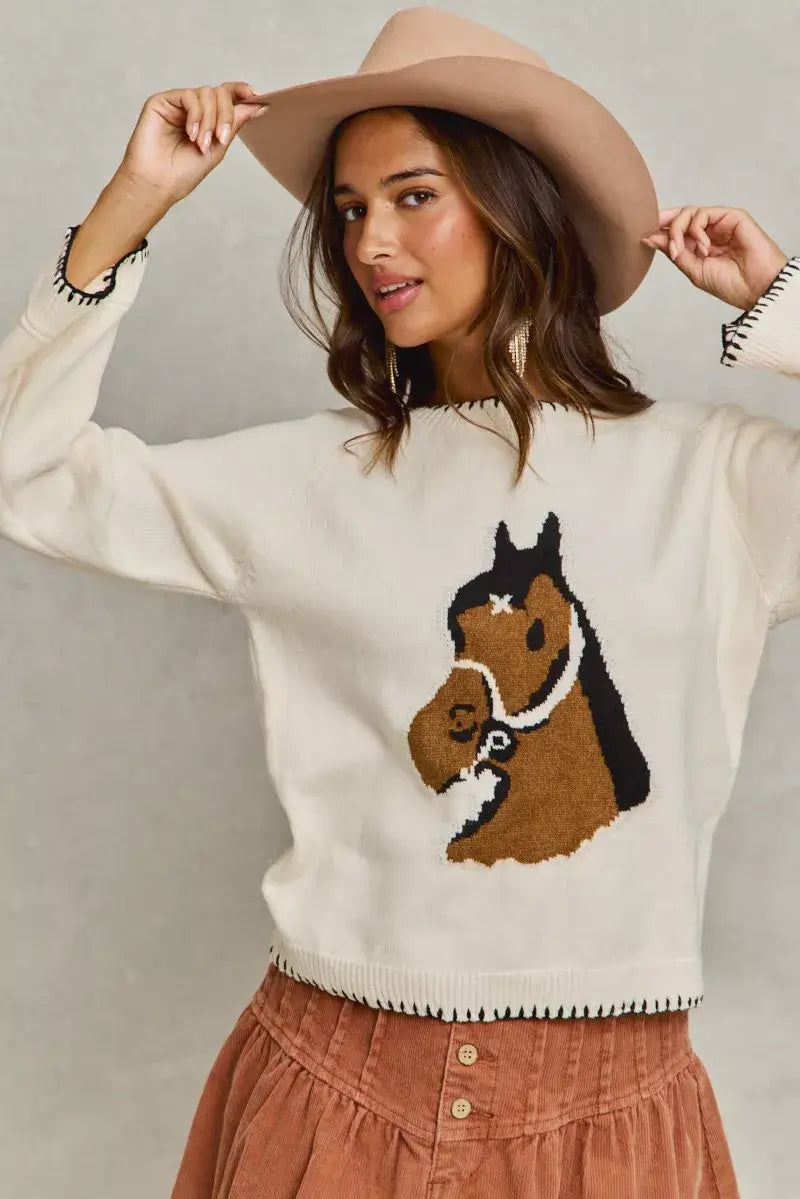 Ivory Horse Knit Sweater Top with Blanket Stitch, Sweaters, $ 55.00, A Moment Of Now™