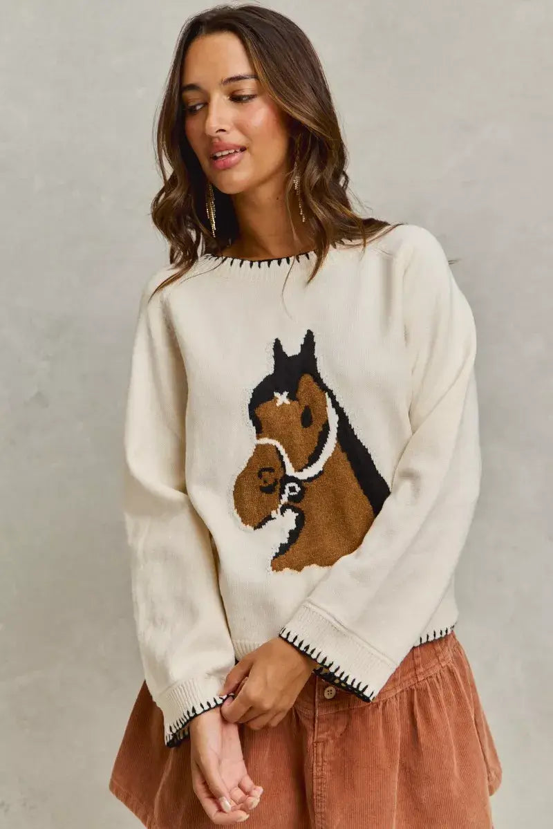 Ivory Horse Knit Sweater Top with Blanket Stitch, Sweaters, $ 55.00, A Moment Of Now™