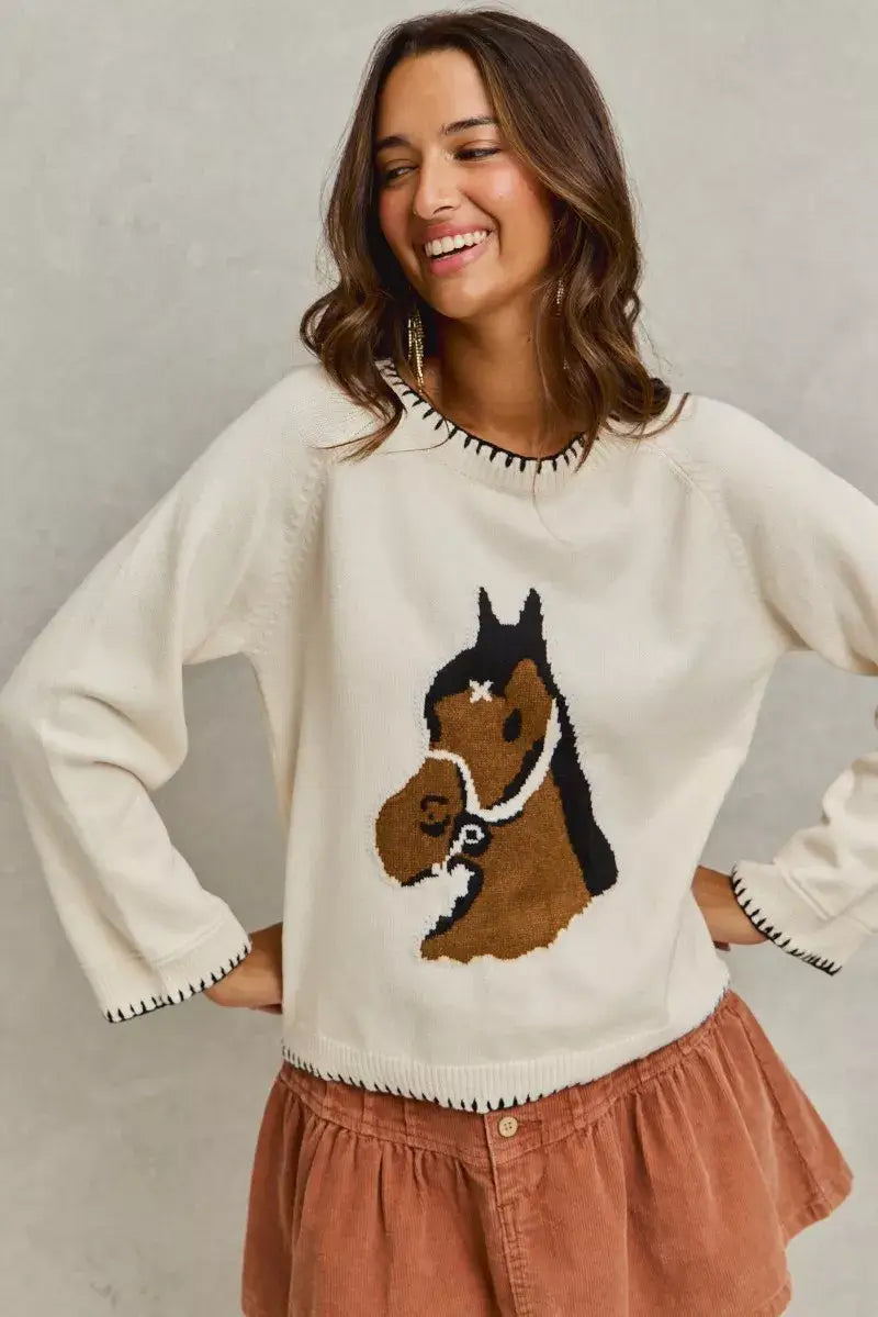 Ivory Horse Knit Sweater Top with Blanket Stitch, Sweaters, $ 55.00, A Moment Of Now™