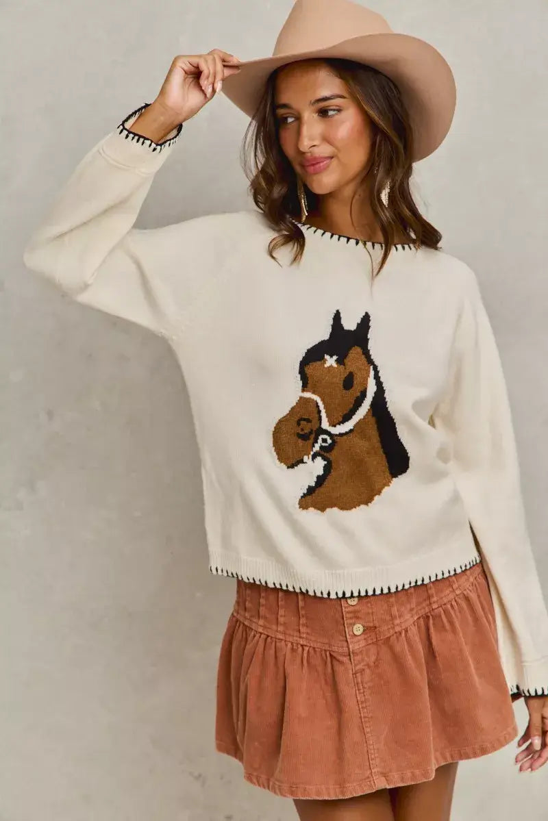 Ivory Horse Knit Sweater Top with Blanket Stitch, Sweaters, $ 55.00, A Moment Of Now™