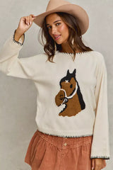 Ivory Horse Knit Sweater Top with Blanket Stitch, Sweaters, $ 55.00, A Moment Of Now™