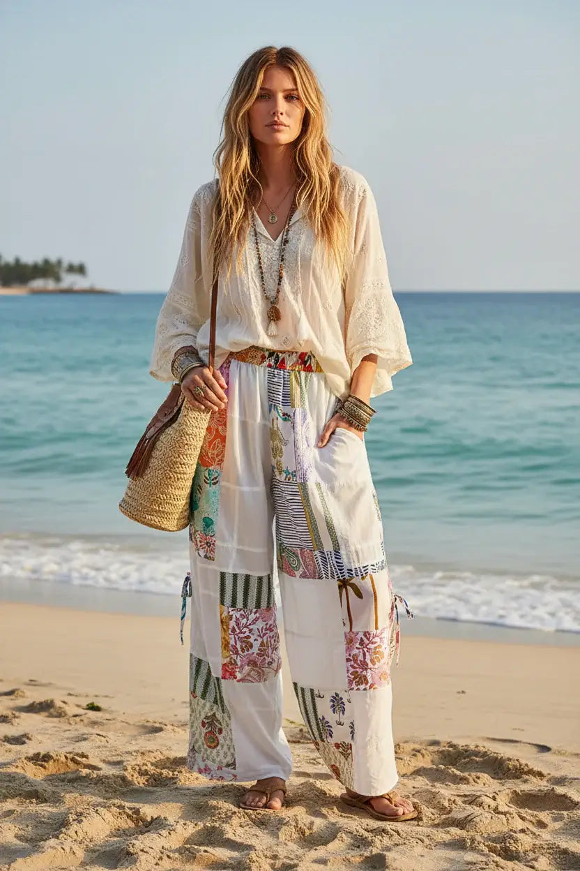 Ivory Printed Patchwork Wide Leg Pants Boho Fashion, Pants, $ 65.00, A Moment Of Now™