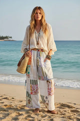 Ivory Printed Patchwork Wide Leg Pants Boho Fashion, Pants, $ 65.00, A Moment Of Now™