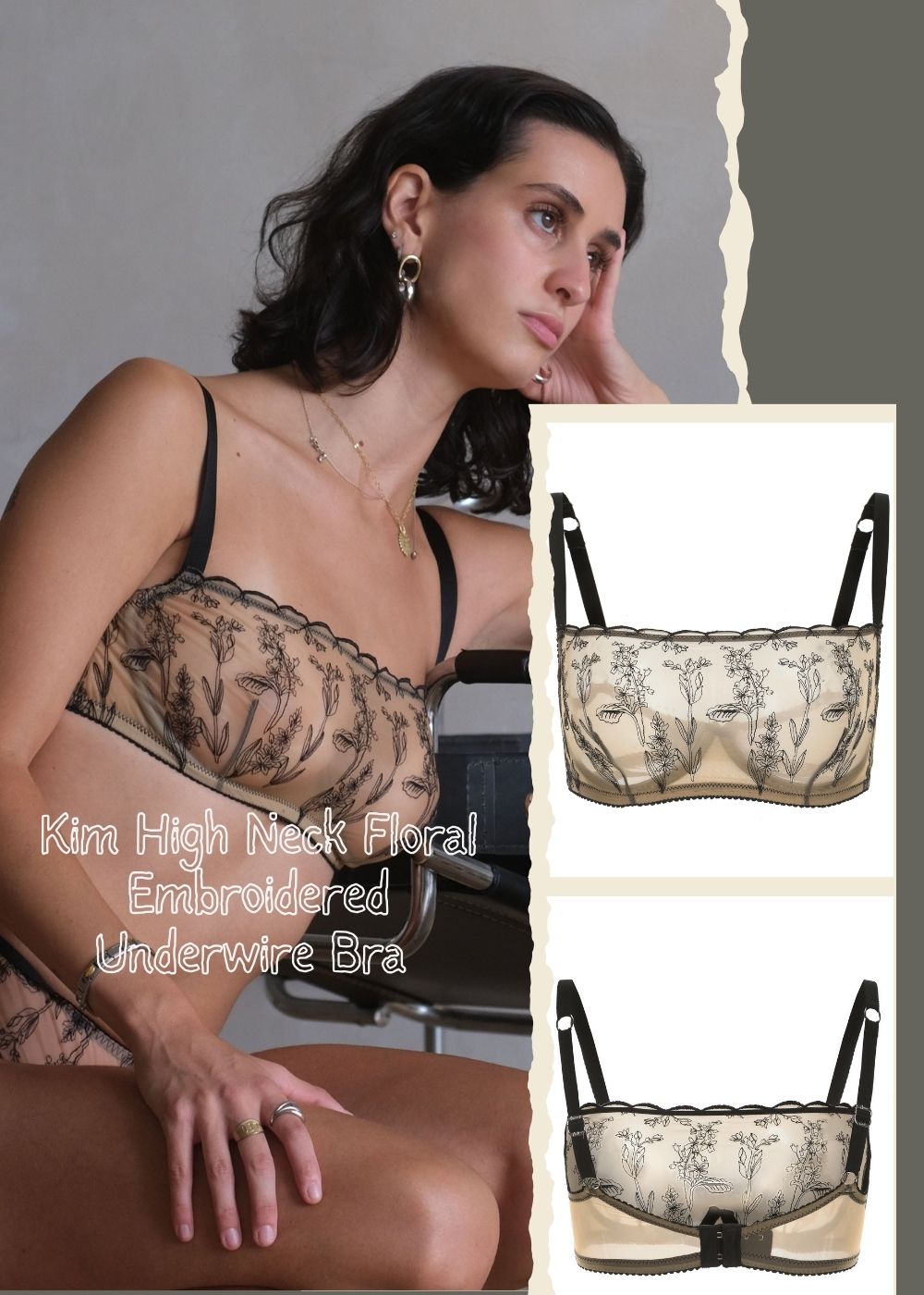 Kim High Neck Floral Embroidered Underwire Bra on Jelly Fabric