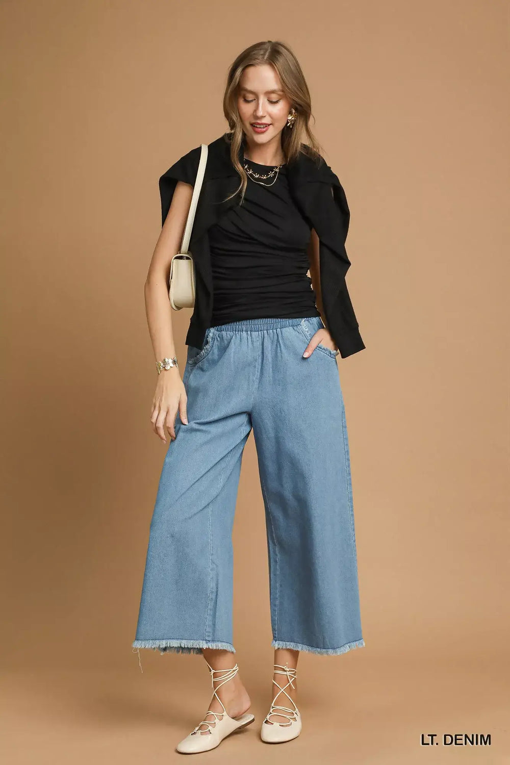 Light Denim Blue Washed Fringe Hem Wide Leg Jeans - Trendy Fit, Jeans, $ 55.00, A Moment Of Now™