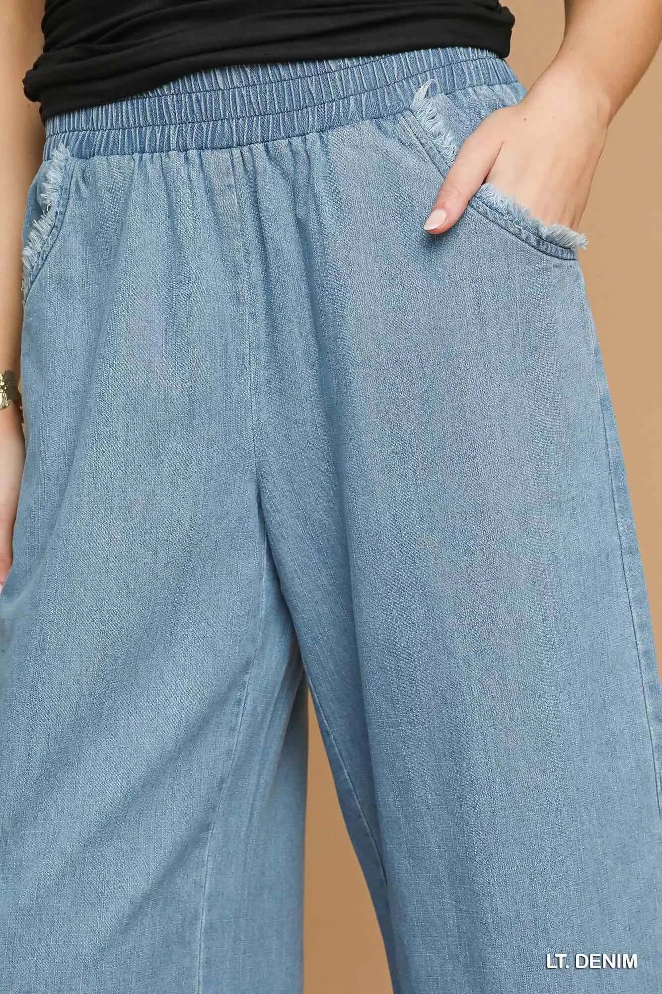 Light Denim Blue Washed Fringe Hem Wide Leg Jeans - Trendy Fit, Jeans, $ 55.00, A Moment Of Now™
