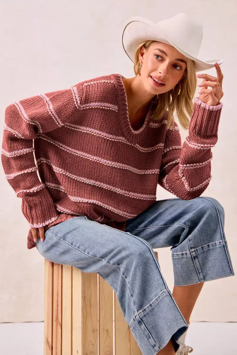 Marsala Brown Striped Long Sleeve Sweater for Stylish Comfort, Sweaters, $ 56.00, A Moment Of Now™