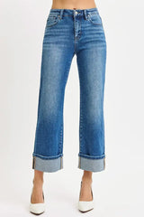 Medium Blue Mid Rise Crop Straight Cuffed Jeans Plus Size, Jeans, $ 75.00, A Moment Of Now™