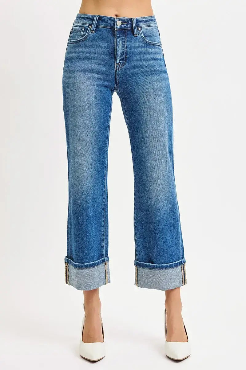 Medium Blue Mid Rise Crop Straight Cuffed Jeans Plus Size, Jeans, $ 75.00, A Moment Of Now™