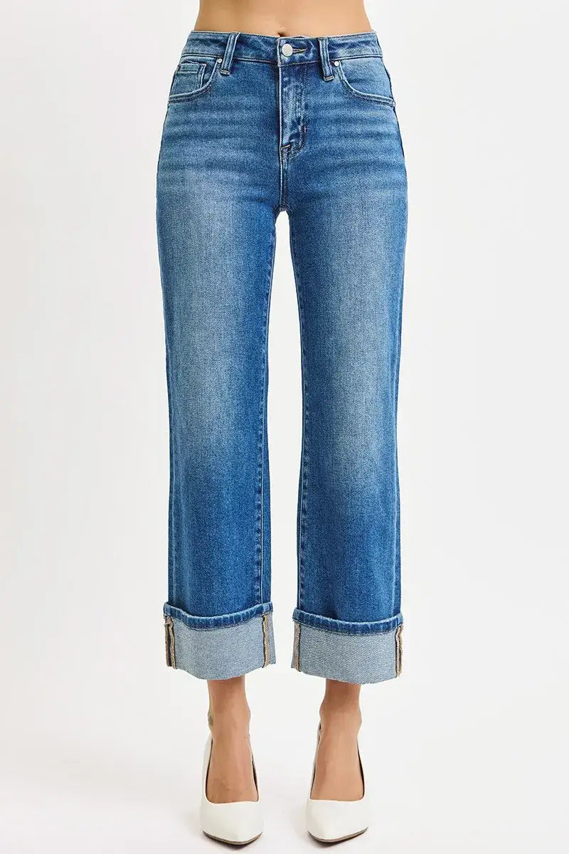 Medium Blue Mid Rise Crop Straight Cuffed Jeans Plus Size, Jeans, $ 75.00, A Moment Of Now™