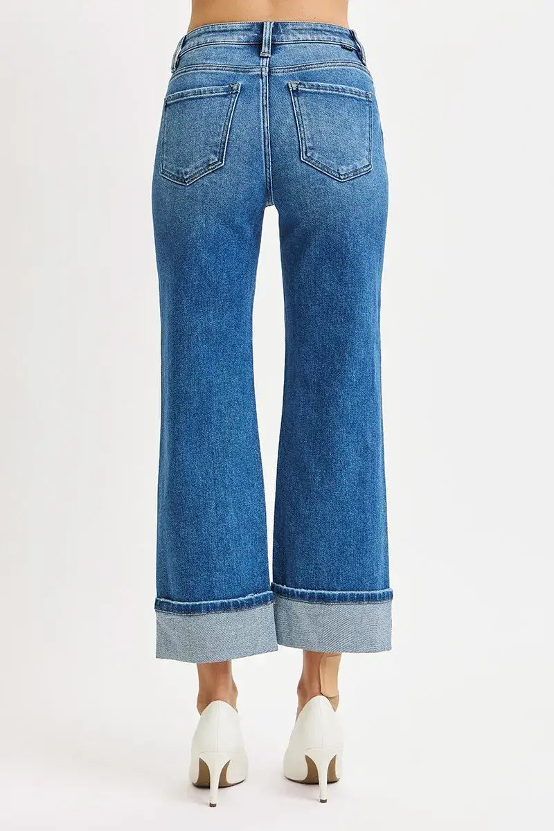Medium Blue Mid Rise Crop Straight Cuffed Jeans Plus Size, Jeans, $ 75.00, A Moment Of Now™