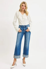 Medium Blue Mid Rise Crop Straight Cuffed Jeans Plus Size, Jeans, $ 75.00, A Moment Of Now™