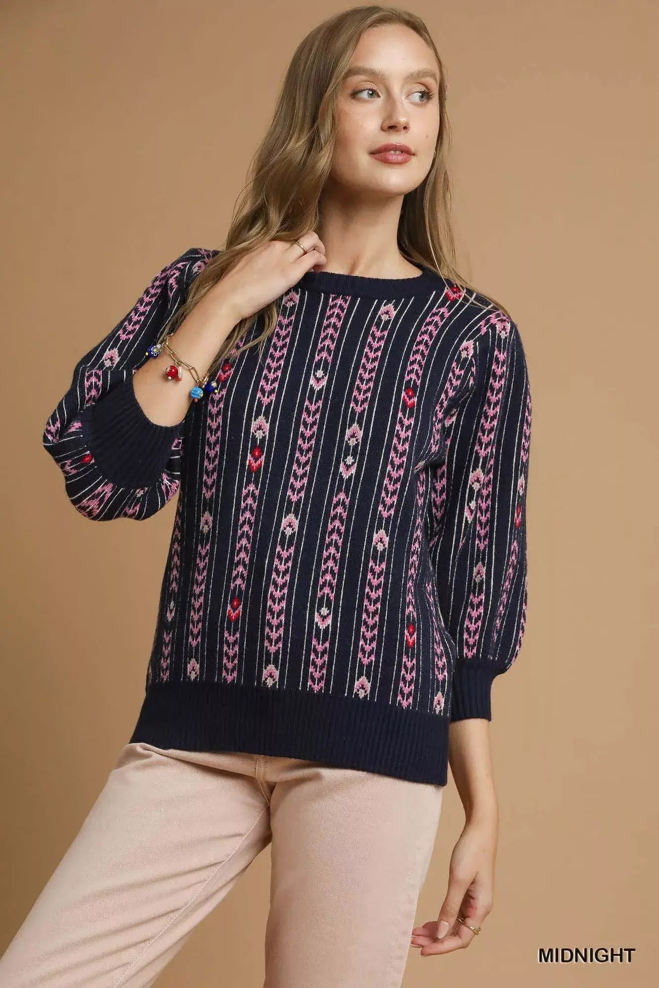 Midnight Blue Jacquard Knit Puff Sleeve Sweater | Chic Style, Sweaters, $ 60.00, A Moment Of Now™