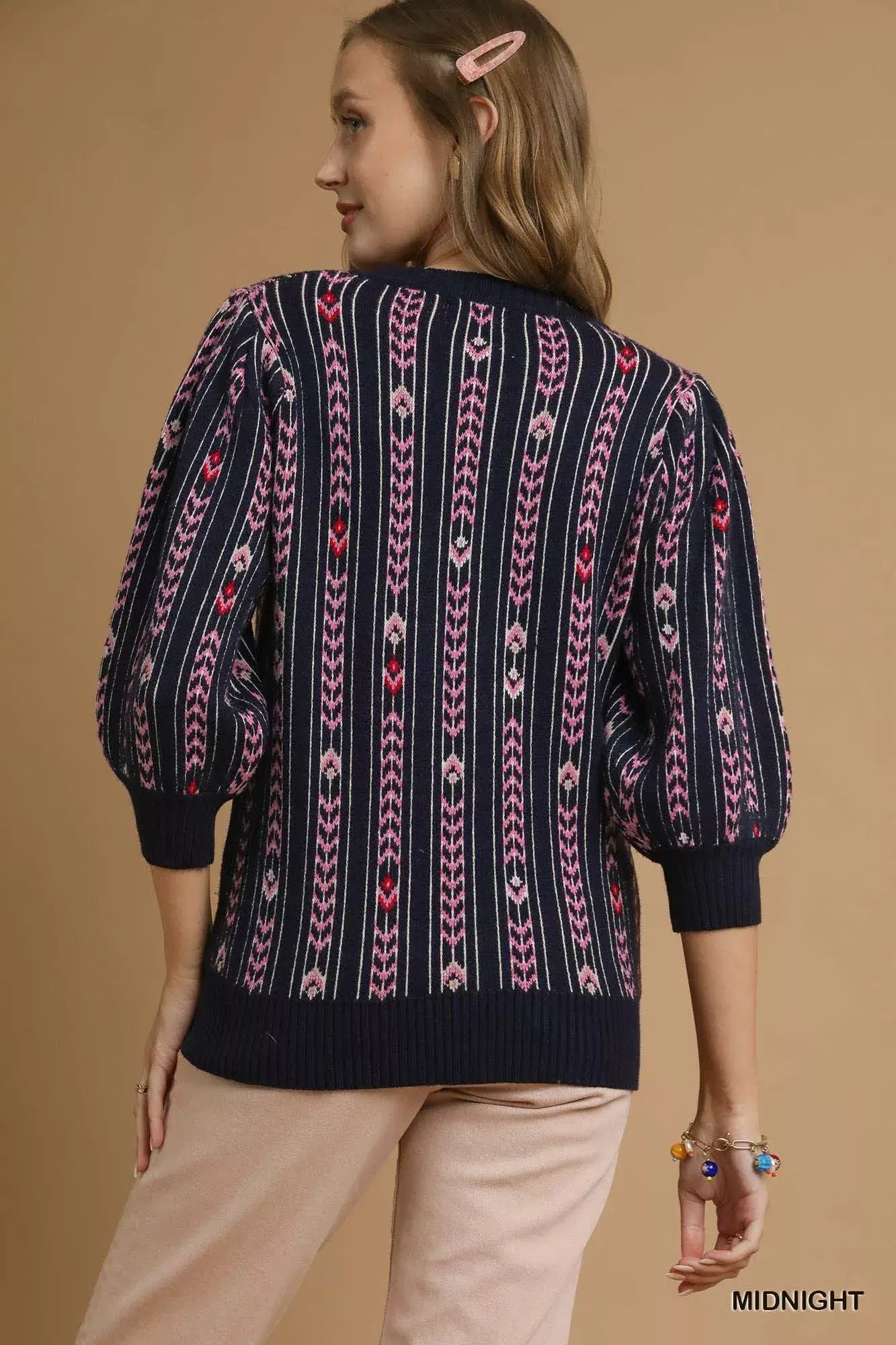 Midnight Blue Jacquard Knit Puff Sleeve Sweater | Chic Style, Sweaters, $ 60.00, A Moment Of Now™