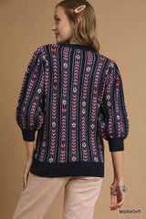 Midnight Blue Jacquard Knit Puff Sleeve Sweater | Chic Style, Sweaters, $ 60.00, A Moment Of Now™