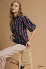 Midnight Blue Jacquard Knit Puff Sleeve Sweater | Chic Style, Sweaters, $ 60.00, A Moment Of Now™
