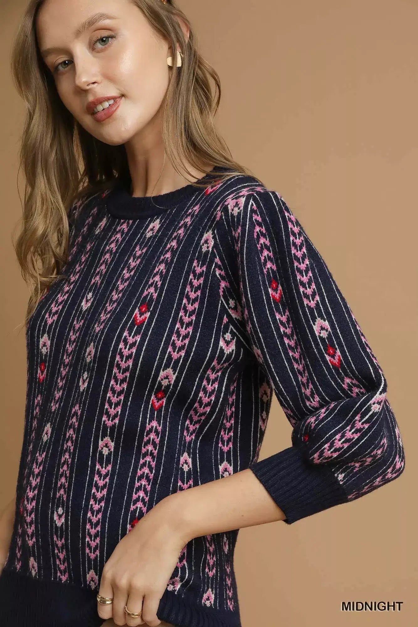 Midnight Blue Jacquard Knit Puff Sleeve Sweater | Chic Style, Sweaters, $ 60.00, A Moment Of Now™