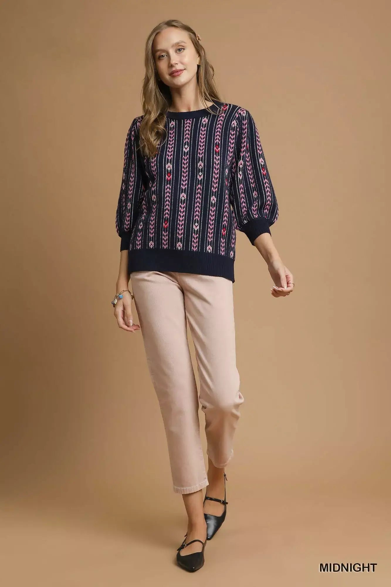 Midnight Blue Jacquard Knit Puff Sleeve Sweater | Chic Style, Sweaters, $ 60.00, A Moment Of Now™