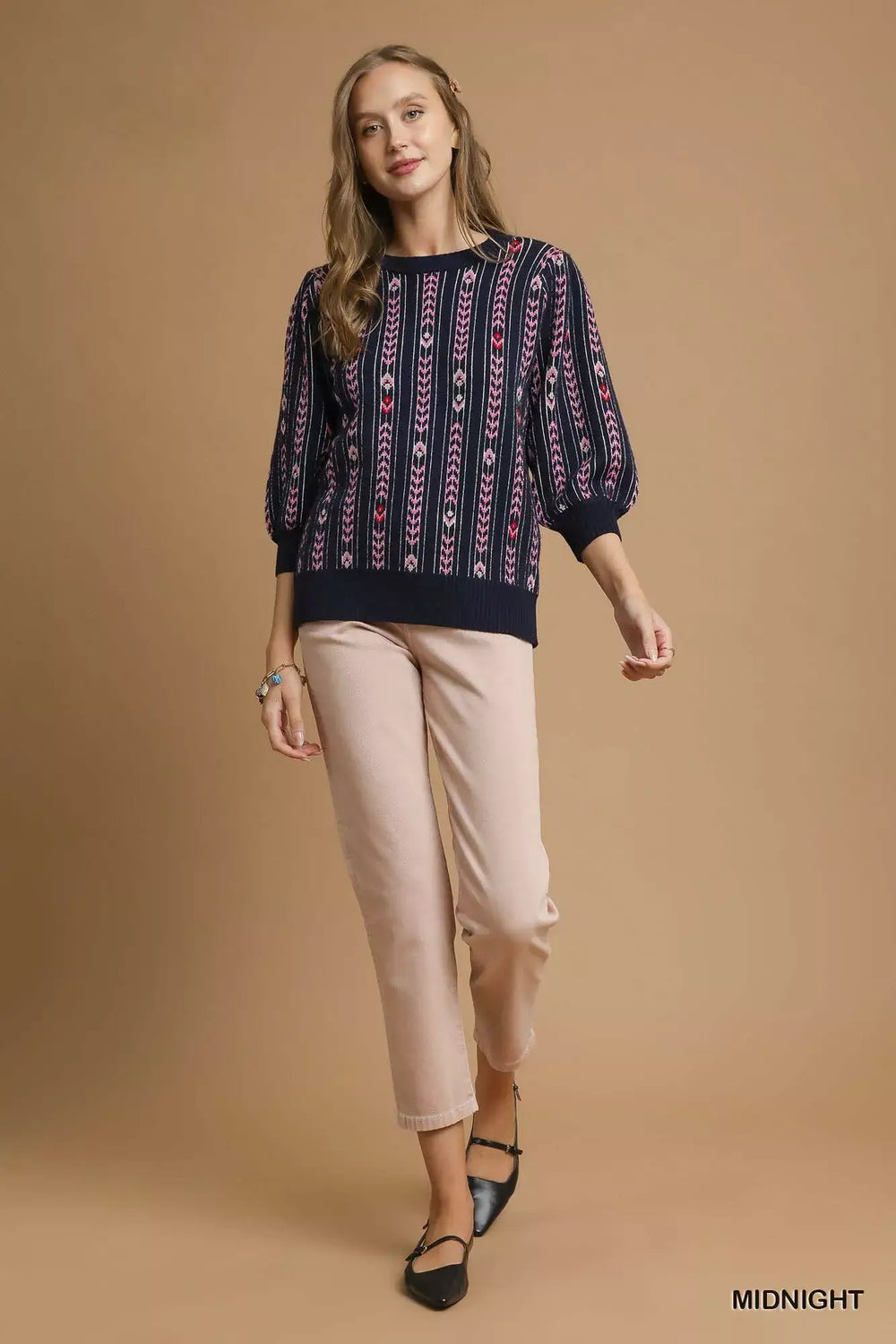 Midnight Blue Jacquard Knit Puff Sleeve Sweater | Chic Style, Sweaters, $ 60.00, A Moment Of Now™