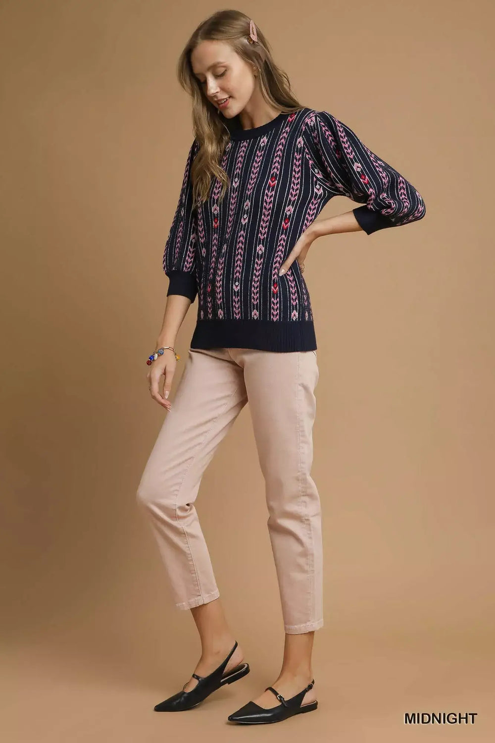 Midnight Blue Jacquard Knit Puff Sleeve Sweater | Chic Style, Sweaters, $ 60.00, A Moment Of Now™
