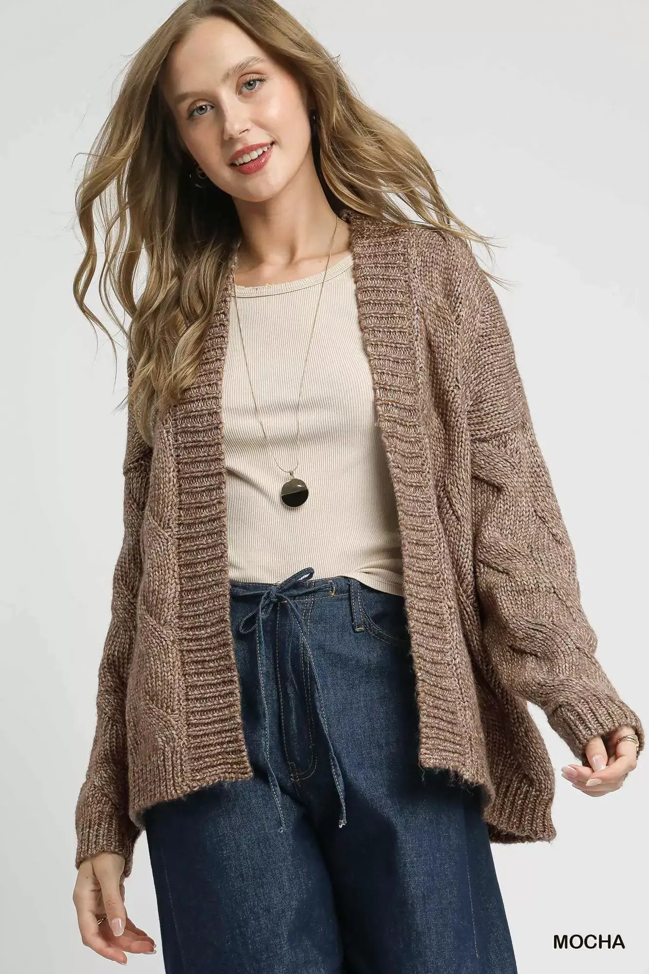 Mocha Brown Chunky Cable Knit Open Front Cardigan - Stylish Comfort, Cardigans, $ 65.00, A Moment Of Now™