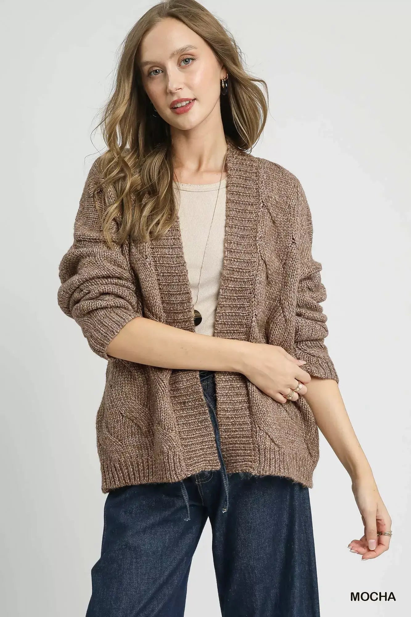 Mocha Brown Chunky Cable Knit Open Front Cardigan - Stylish Comfort, Cardigans, $ 65.00, A Moment Of Now™