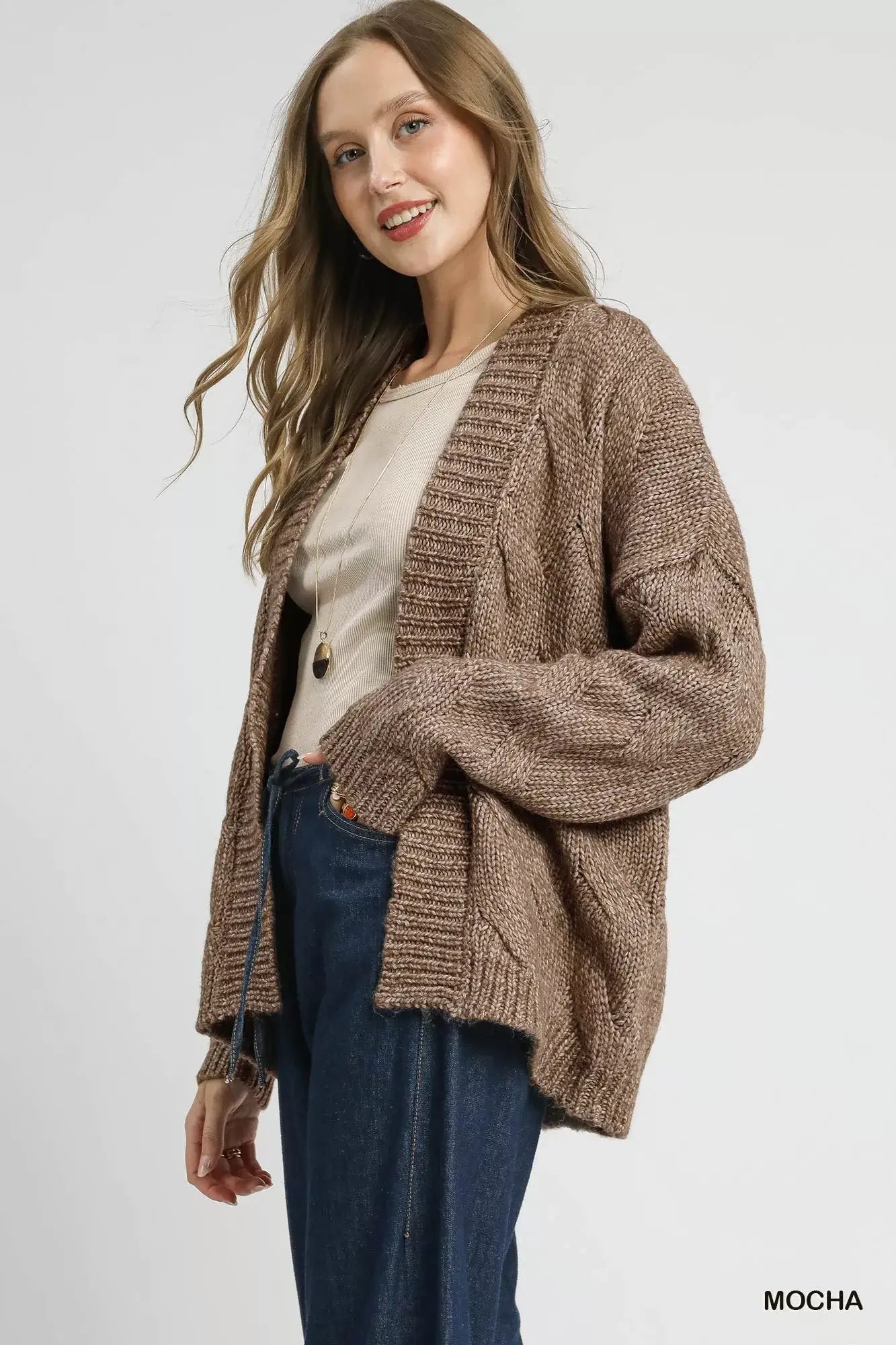 Mocha Brown Chunky Cable Knit Open Front Cardigan - Stylish Comfort, Cardigans, $ 65.00, A Moment Of Now™