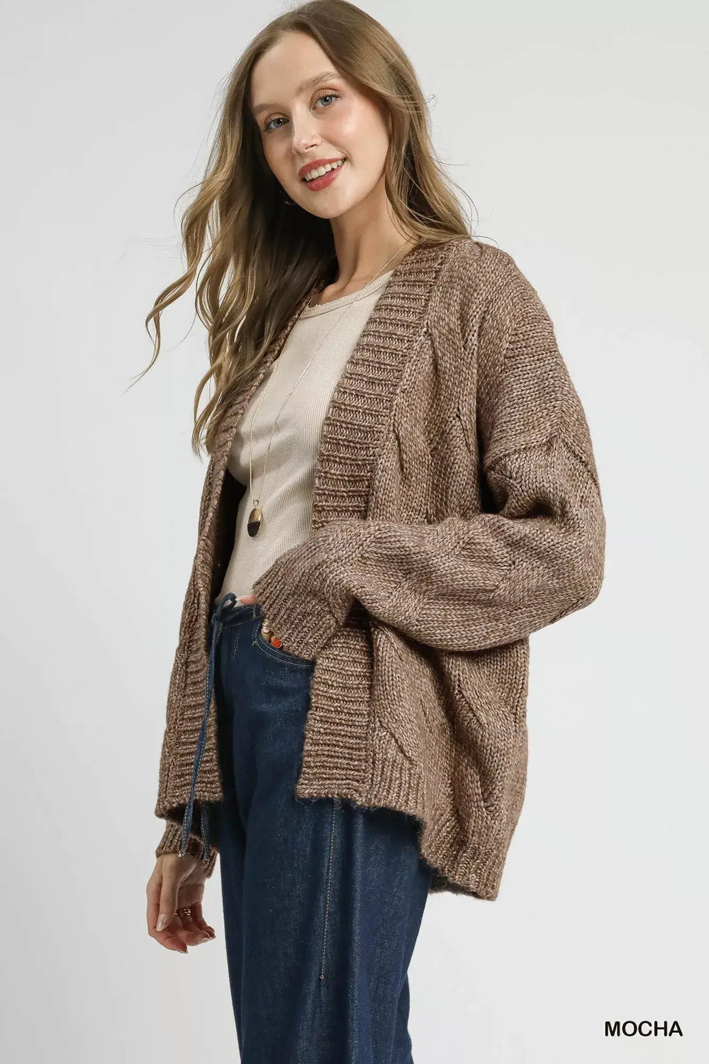 Mocha Brown Chunky Cable Knit Open Front Cardigan - Stylish Comfort, Cardigans, $ 65.00, A Moment Of Now™