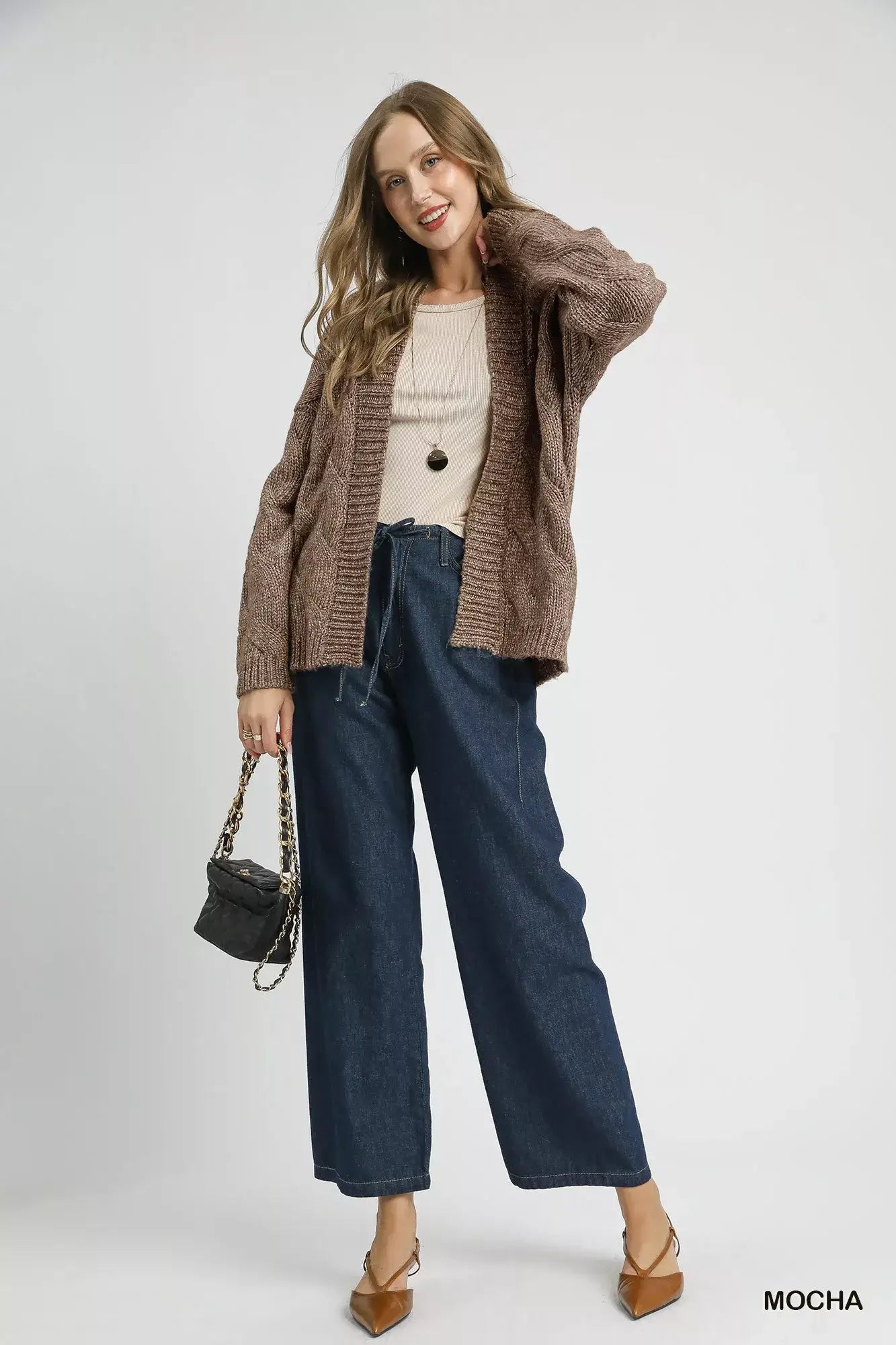 Mocha Brown Chunky Cable Knit Open Front Cardigan - Stylish Comfort, Cardigans, $ 65.00, A Moment Of Now™