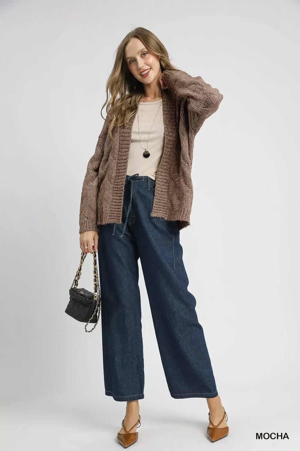 Mocha Brown Chunky Cable Knit Open Front Cardigan - Stylish Comfort, Cardigans, $ 65.00, A Moment Of Now™