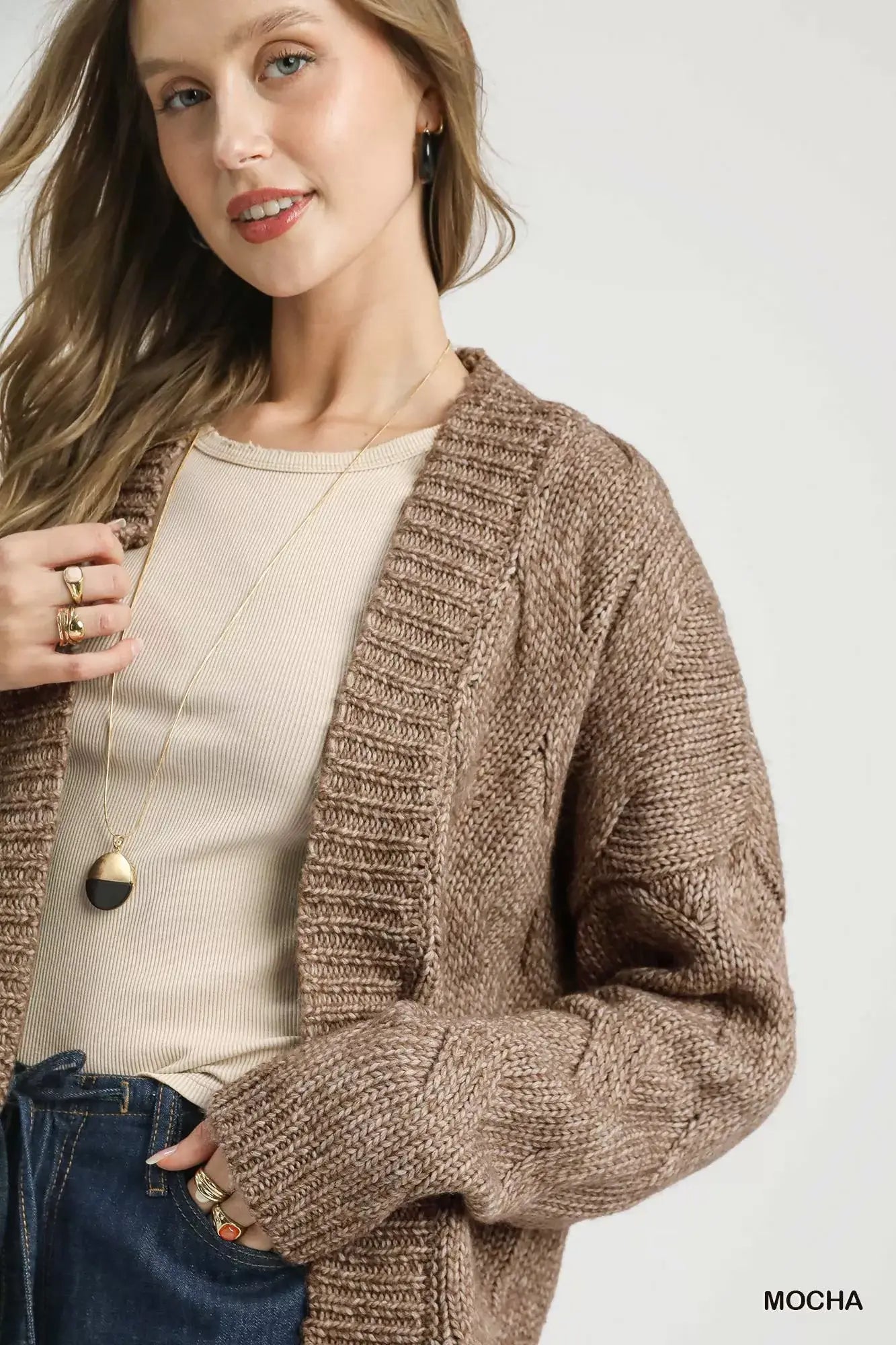Mocha Brown Chunky Cable Knit Open Front Cardigan - Stylish Comfort, Cardigans, $ 65.00, A Moment Of Now™