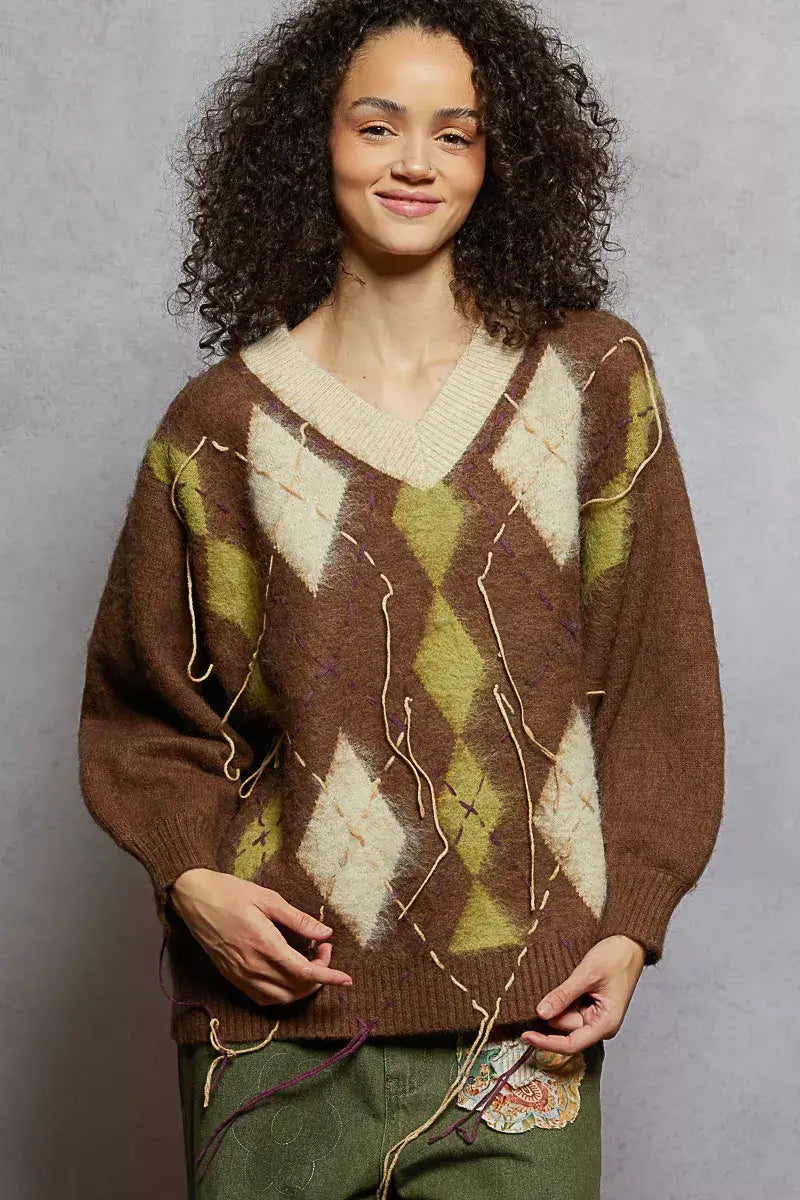 Mocha Brown V-Neck Argyle Pattern Mohair Sweater - Cozy Staple, Sweaters, $ 60.00, A Moment Of Now™