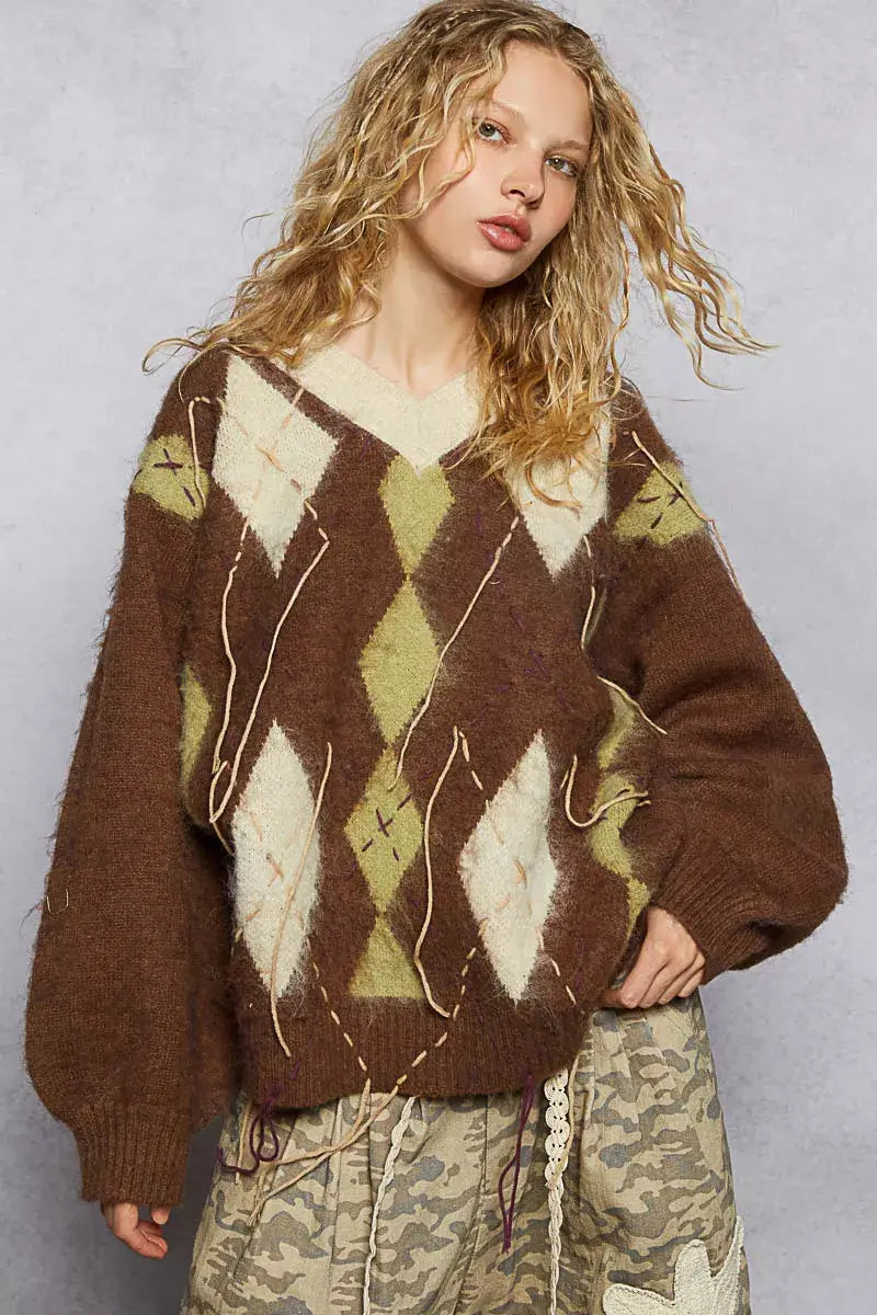 Mocha Brown V-Neck Argyle Pattern Mohair Sweater - Cozy Staple, Sweaters, $ 60.00, A Moment Of Now™