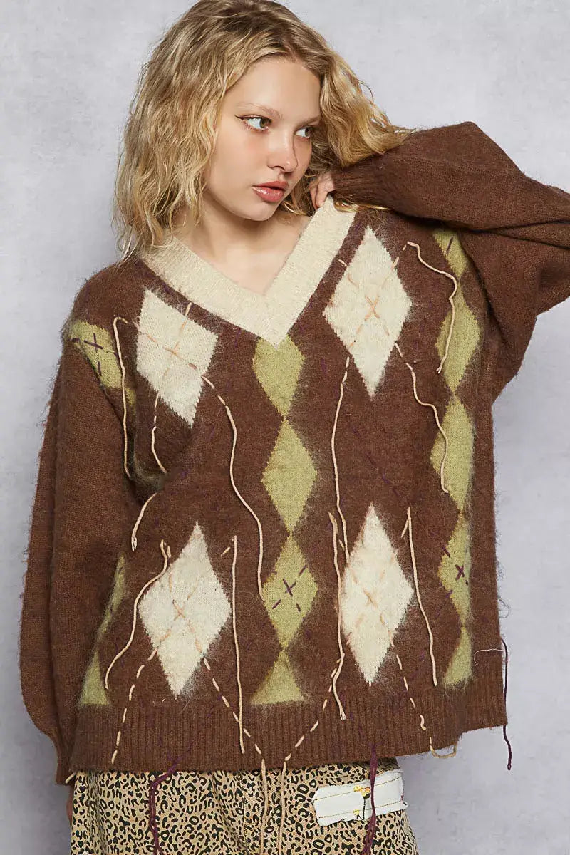 Mocha Brown V-Neck Argyle Pattern Mohair Sweater - Cozy Staple, Sweaters, $ 60.00, A Moment Of Now™