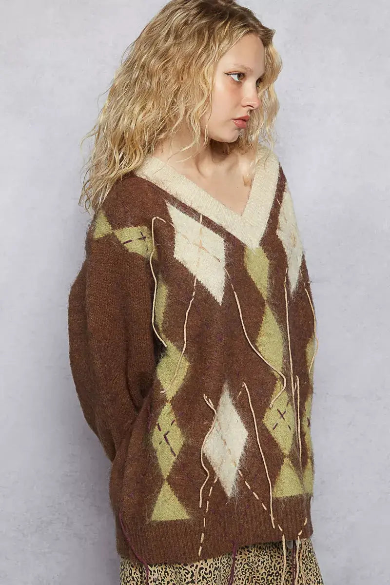 Mocha Brown V-Neck Argyle Pattern Mohair Sweater - Cozy Staple, Sweaters, $ 60.00, A Moment Of Now™