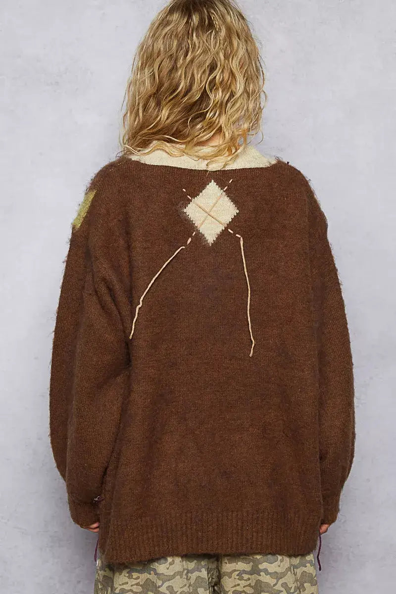 Mocha Brown V-Neck Argyle Pattern Mohair Sweater - Cozy Staple, Sweaters, $ 60.00, A Moment Of Now™