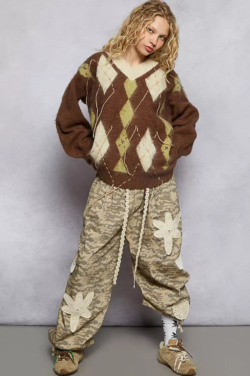 Mocha Brown V-Neck Argyle Pattern Mohair Sweater - Cozy Staple, Sweaters, $ 60.00, A Moment Of Now™