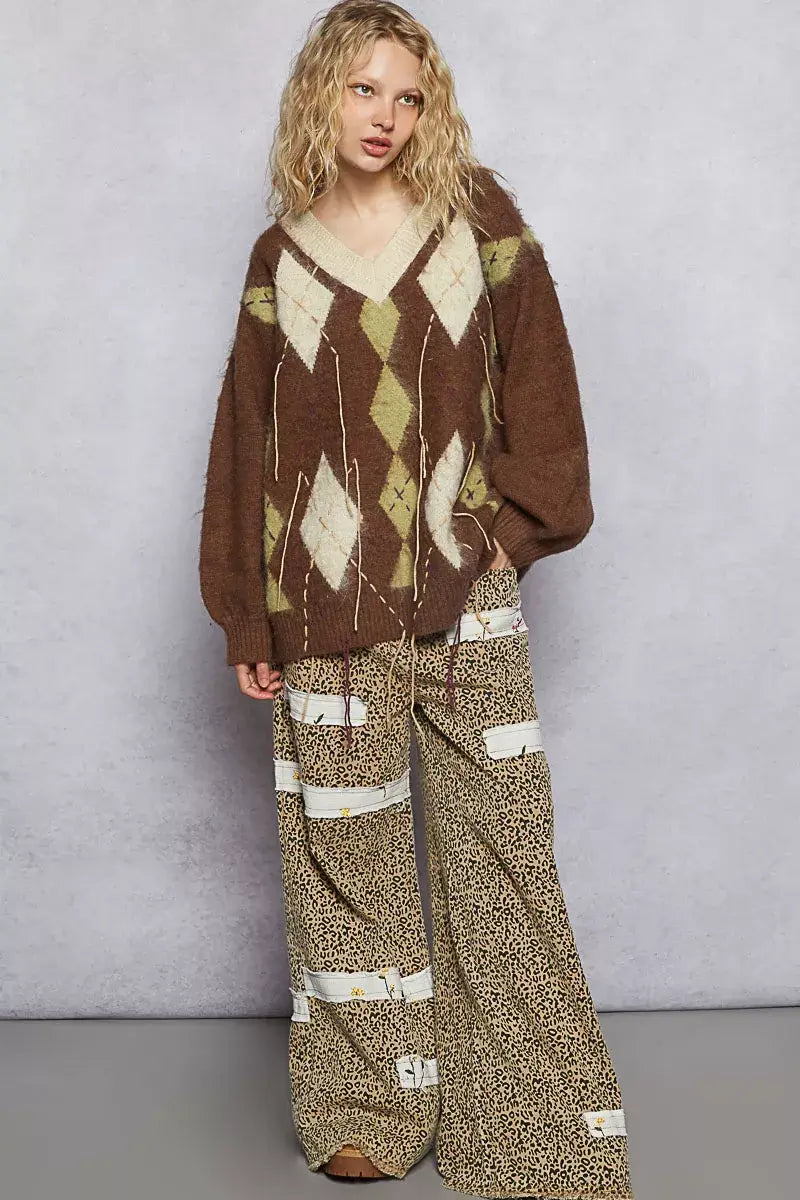 Mocha Brown V-Neck Argyle Pattern Mohair Sweater - Cozy Staple, Sweaters, $ 60.00, A Moment Of Now™