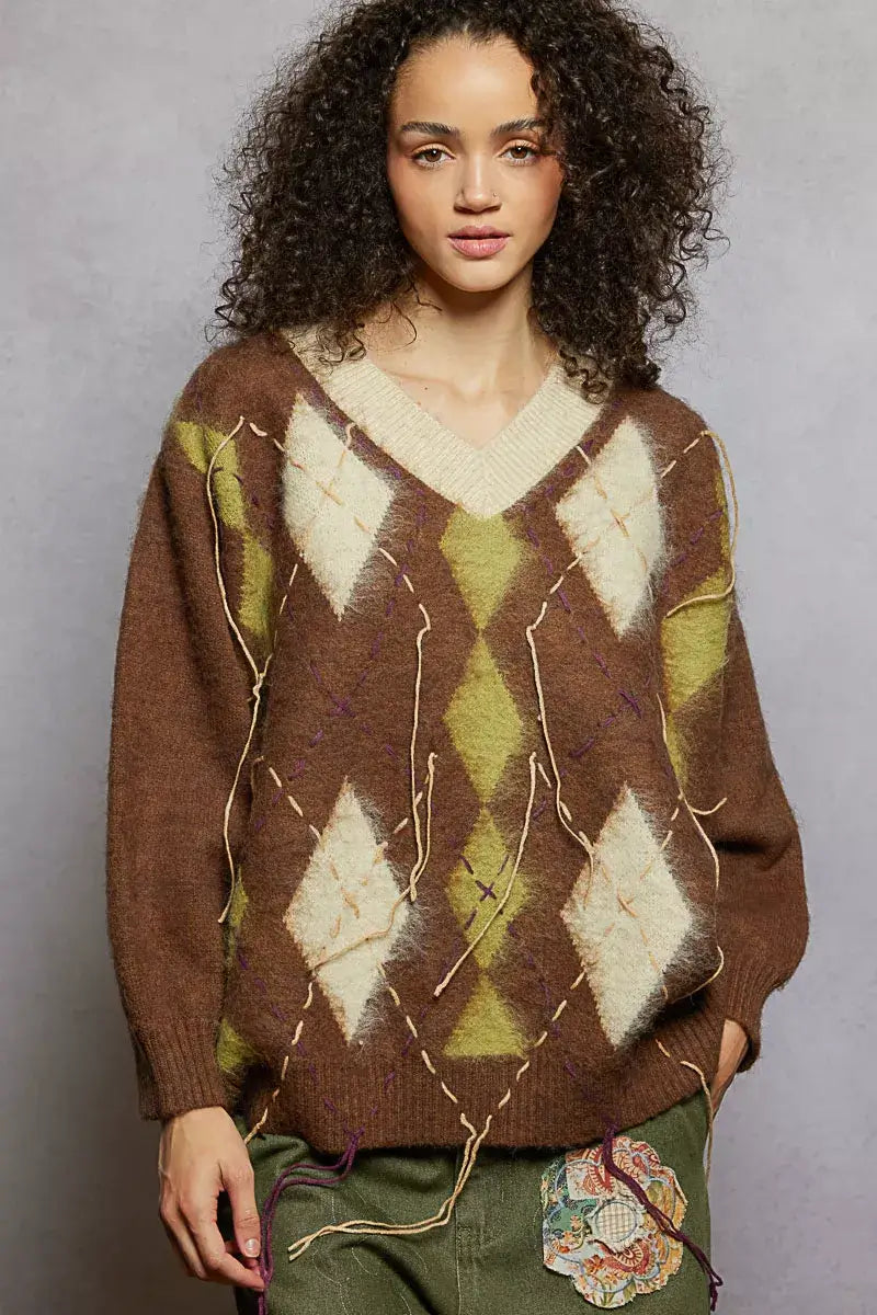 Mocha Brown V-Neck Argyle Pattern Mohair Sweater - Cozy Staple, Sweaters, $ 60.00, A Moment Of Now™