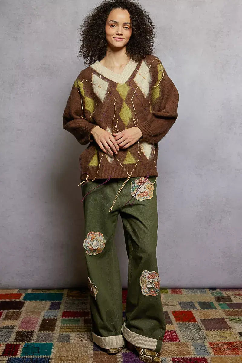 Mocha Brown V-Neck Argyle Pattern Mohair Sweater - Cozy Staple, Sweaters, $ 60.00, A Moment Of Now™