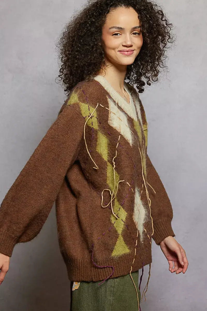 Mocha Brown V-Neck Argyle Pattern Mohair Sweater - Cozy Staple, Sweaters, $ 60.00, A Moment Of Now™