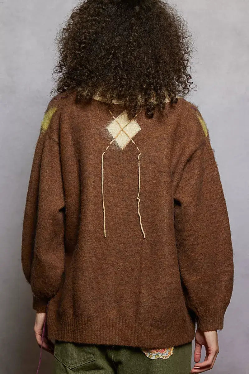 Mocha Brown V-Neck Argyle Pattern Mohair Sweater - Cozy Staple, Sweaters, $ 60.00, A Moment Of Now™
