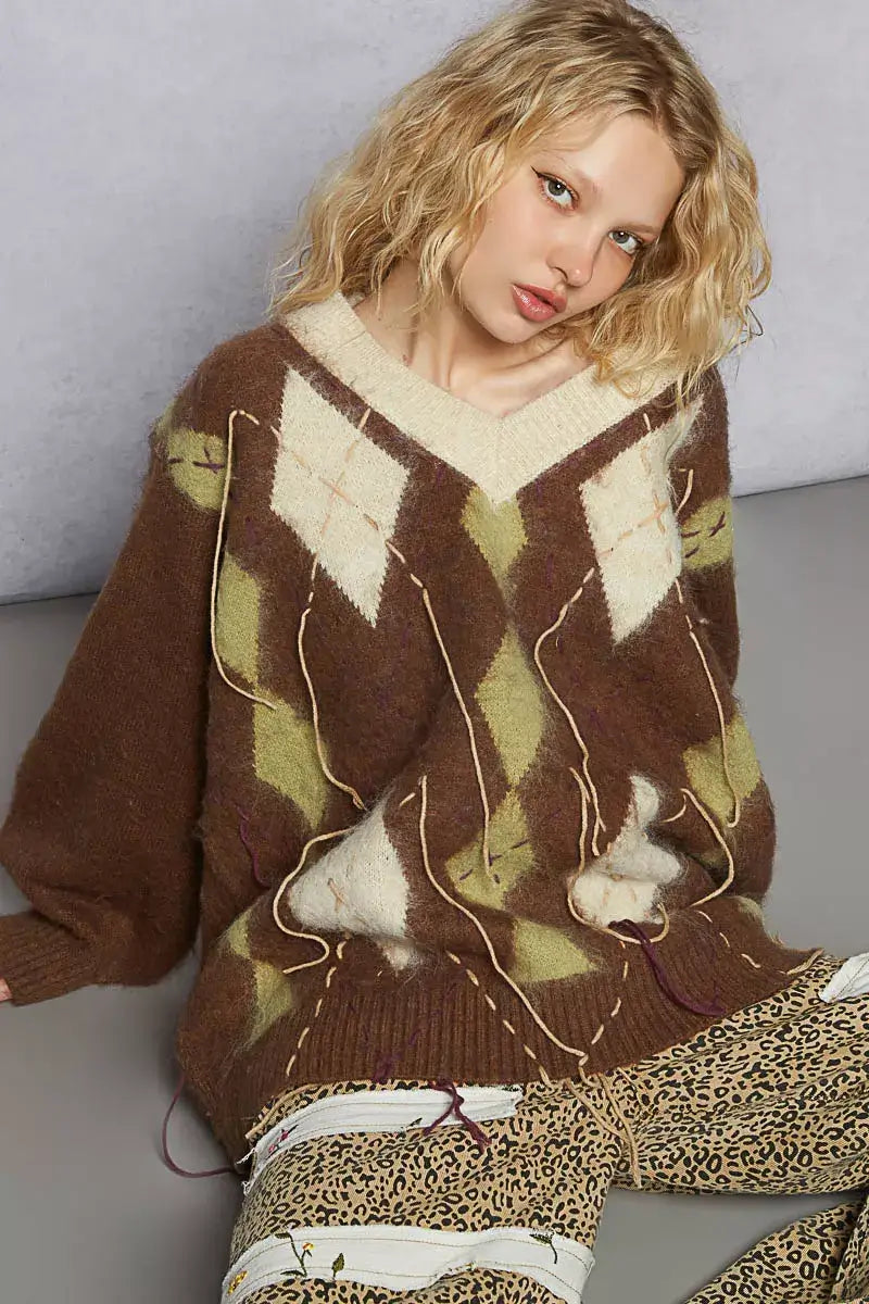 Mocha Brown V-Neck Argyle Pattern Mohair Sweater - Cozy Staple, Sweaters, $ 60.00, A Moment Of Now™