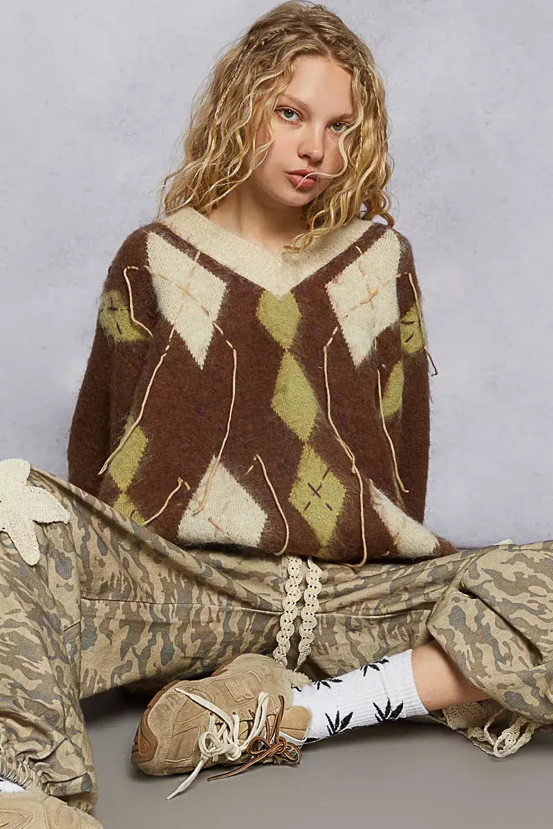 Mocha Brown V-Neck Argyle Pattern Mohair Sweater - Cozy Staple, Sweaters, $ 60.00, A Moment Of Now™
